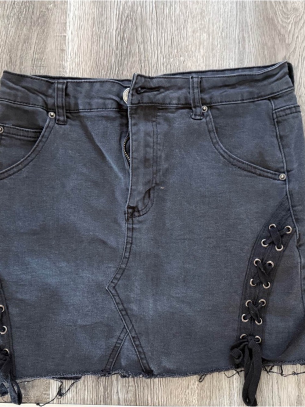 Womens Black Denim Lace-Up Mini Skirt